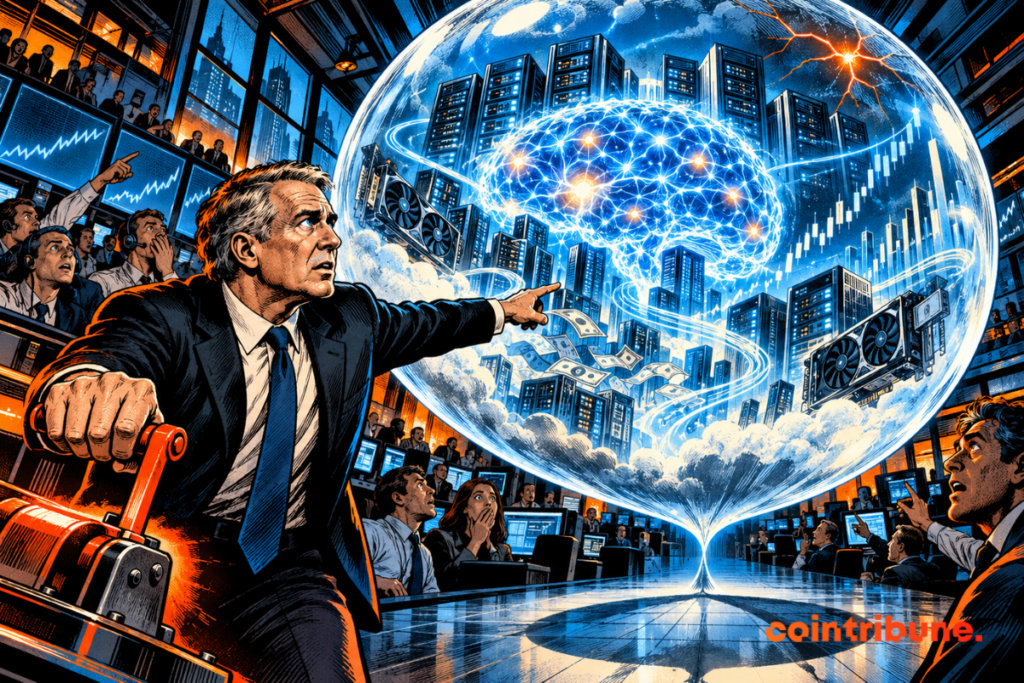 Ken Griffin observes a huge bubble filled with chips, servers and AI symbols ready to burst.