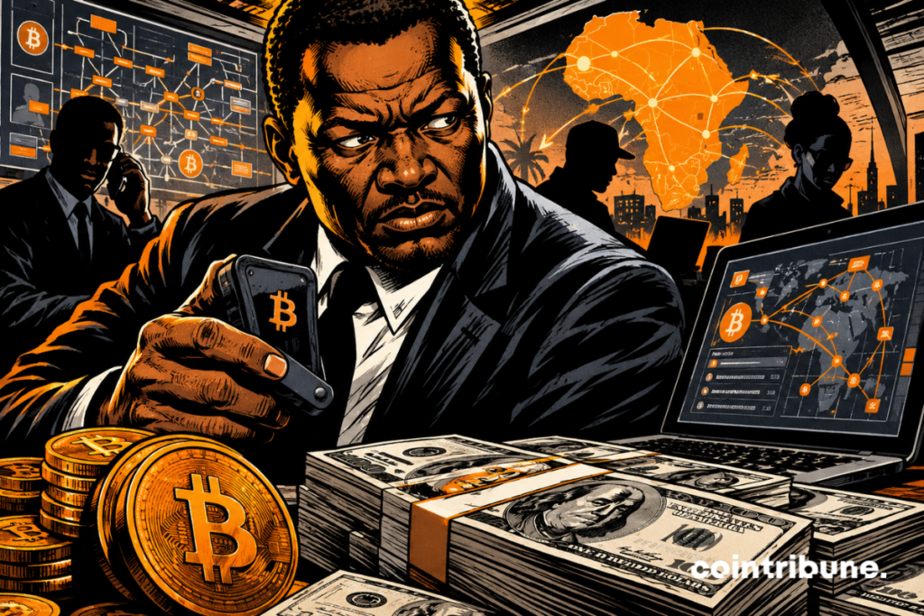 Illustration of a crypto laundering network in Africa, with bitcoins, wads of dollars and financial analysis screens.