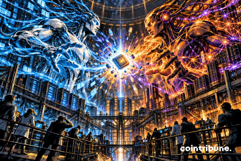 Two giant AIs face off above a data center, with a chip at the center of the duel.