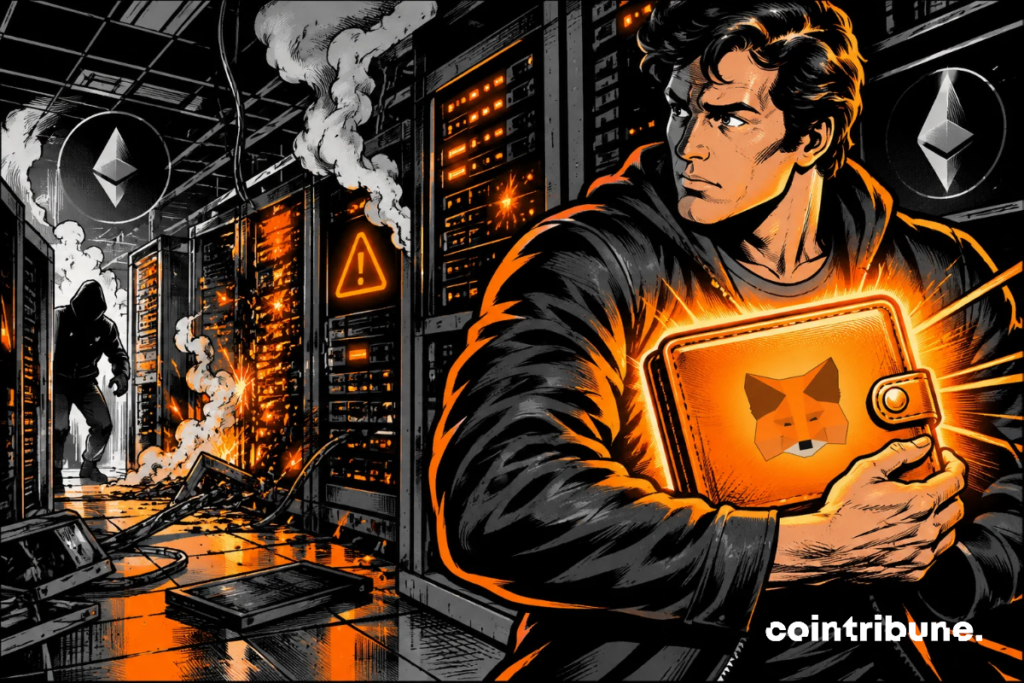 A man protects a glowing MetaMask crypto wallet while a compromised data center goes up in flames, symbolizing infrastructure under attack but wallets secure.
