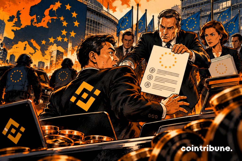 A direct confrontation between the platform and the European authorities. In the center, the Binance representative is cornered at his workstation. His worried expression and withdrawn posture materialize the regulatory pressure. The computers and crypto assets around it suggest that the platform's services continue to operate. On the right, European regulators present an official document. They embody the MiCA regulatory framework and the control exercised over crypto activities. Their dominant position reinforces the balance of power.