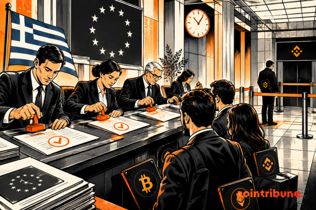 Four crypto providers have their MiCA files validated by a Greek authority under the symbols of Greece and the European Union, while a Binance representative waits aside behind a barrier.