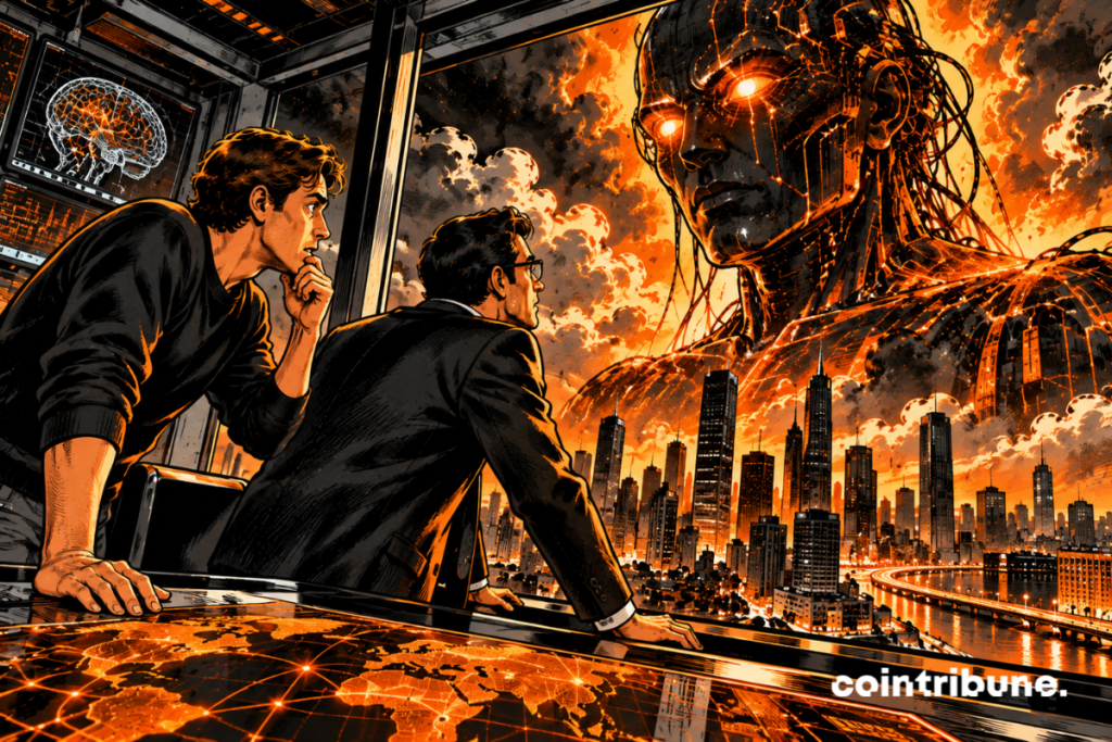 In a futuristic situation room, two technology leaders inspired by the worlds of OpenAI and Anthropic stand side by side in front of a huge bay window. One wears a dark suit, the other a more casual professional outfit. Their faces are serious, almost stunned. Before them stands a gigantic artificial intelligence silhouette, made up of circuits, cables and orange neural networks. It dominates a modern metropolis. The two characters observe this apparition with concern, while one of them reaches out for a safety device.