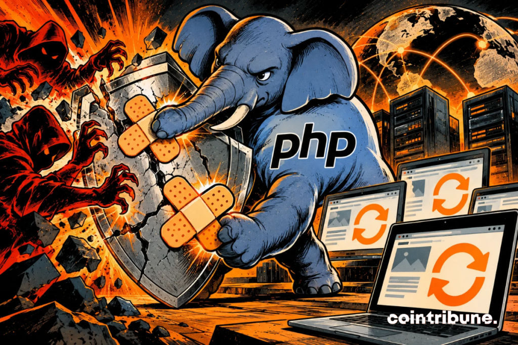 The scene illustrates the correction of two security vulnerabilities in PHP and the urgency of updating websites. In the center, a blue elephant, PHP's iconic mascot, protects a huge cracked shield against threatening hackers. The two orange plasters symbolize the patches released to repair the vulnerabilities. On the left, the hooded figures represent cybercriminals likely to exploit these vulnerabilities. On the right, computers displaying refresh symbols indicate needed updates. All of this highlights the importance of quickly installing corrected versions of PHP to strengthen the security of web infrastructures.