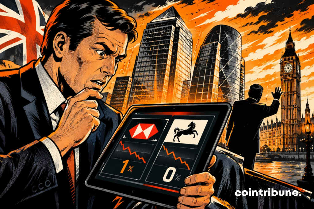 In London, a worried banker watches falling banking charts on his tablet as authorities scrutinize Polymarket.