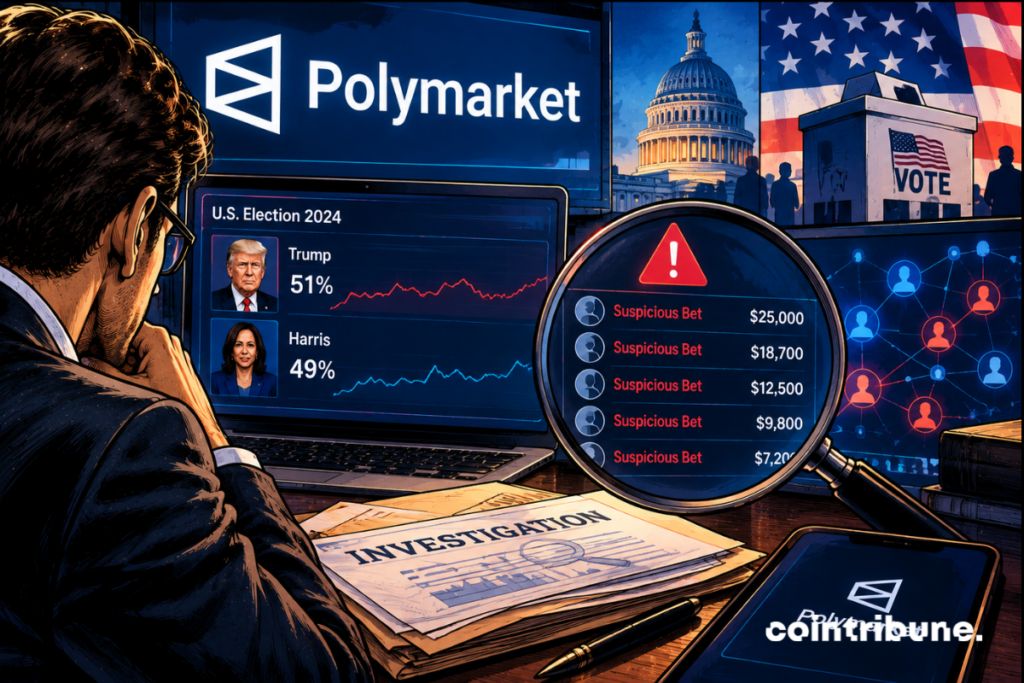 Illustration of Polymarket monitoring suspicious bets on the US elections, with alerts, a trading screen and the Capitol in the background.