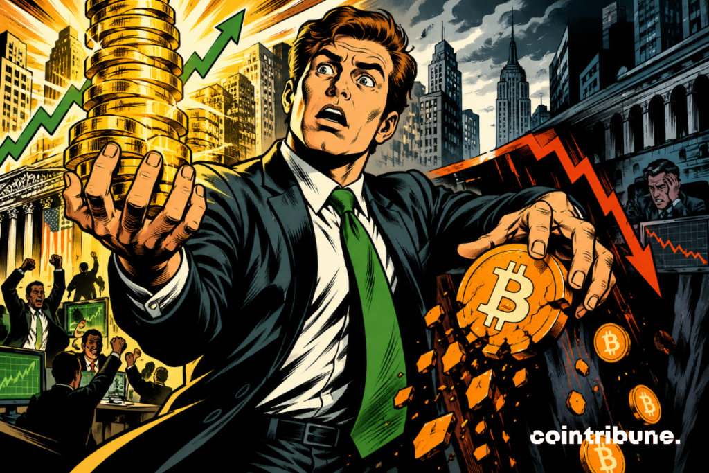 A stunned trader juggles a mountain of gold with collapsing Bitcoin, illustrating Robinhood's financial paradox.