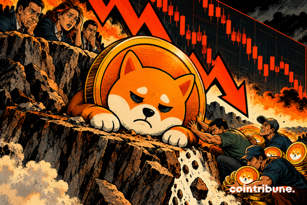 The scene illustrates the persistent downward pressure on Shiba Inu and the difficulties of buyers to revive its price. In the center, a gigantic personified SHIB piece appears exhausted, slumped on a rocky cliff. Behind it, a huge red downward arrow and bearish charts symbolize market weakness. On the left, several worried investors are observing the situation, fearing a new correction. On the right, a few shoppers struggle to prop up Shiba Inu, while others carry tokens. All in all, it highlights the imbalance between selling pressure and demand that is still insufficient to cause a lasting rebound.