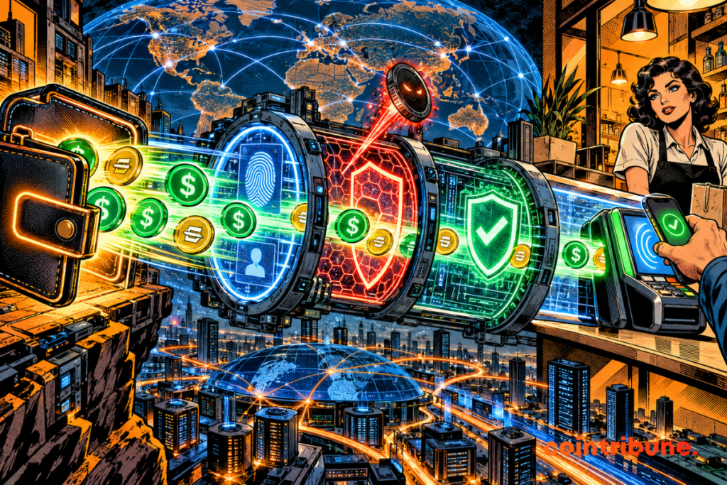 Stablecoins pass through several digital shields before being validated on a crypto payment terminal
