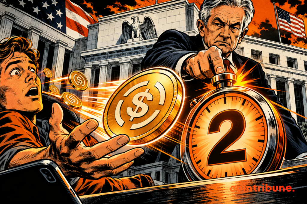 Illustration of the personified FED launching the countdown of the two repayment days, against the backdrop of an institutional building