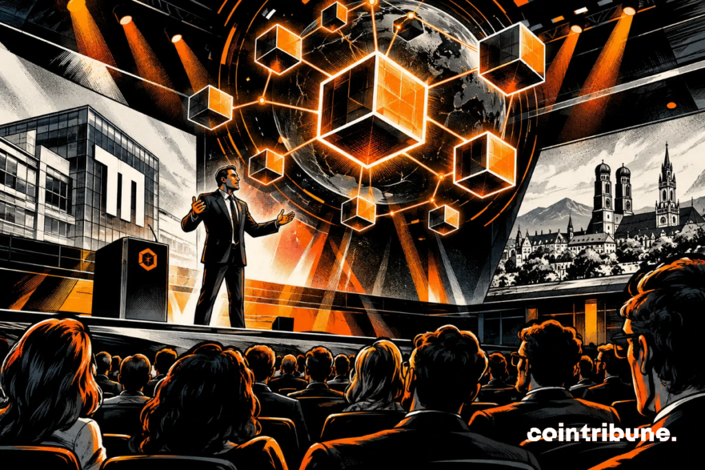 Illustration of a speaker on stage in front of a network of light blocks, at the TUM Blockchain Conference in Munich