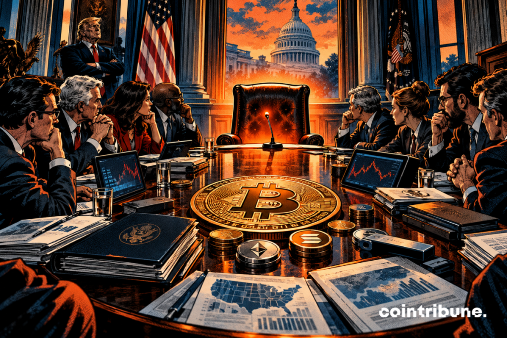 An empty chair dominates a crypto meeting in Washington, watched by advisors and Donald Trump.