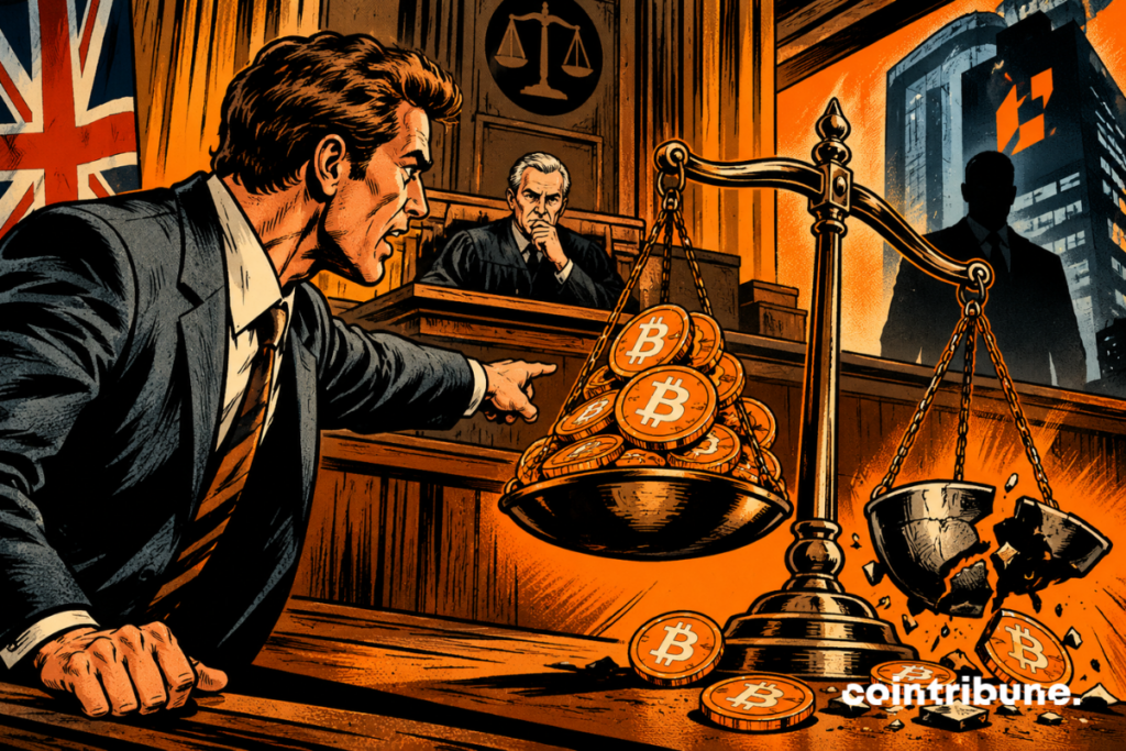 BitMEX before British justice: an unbalanced balance symbolizes the dispute around 324.8 BTC claimed by a trader.