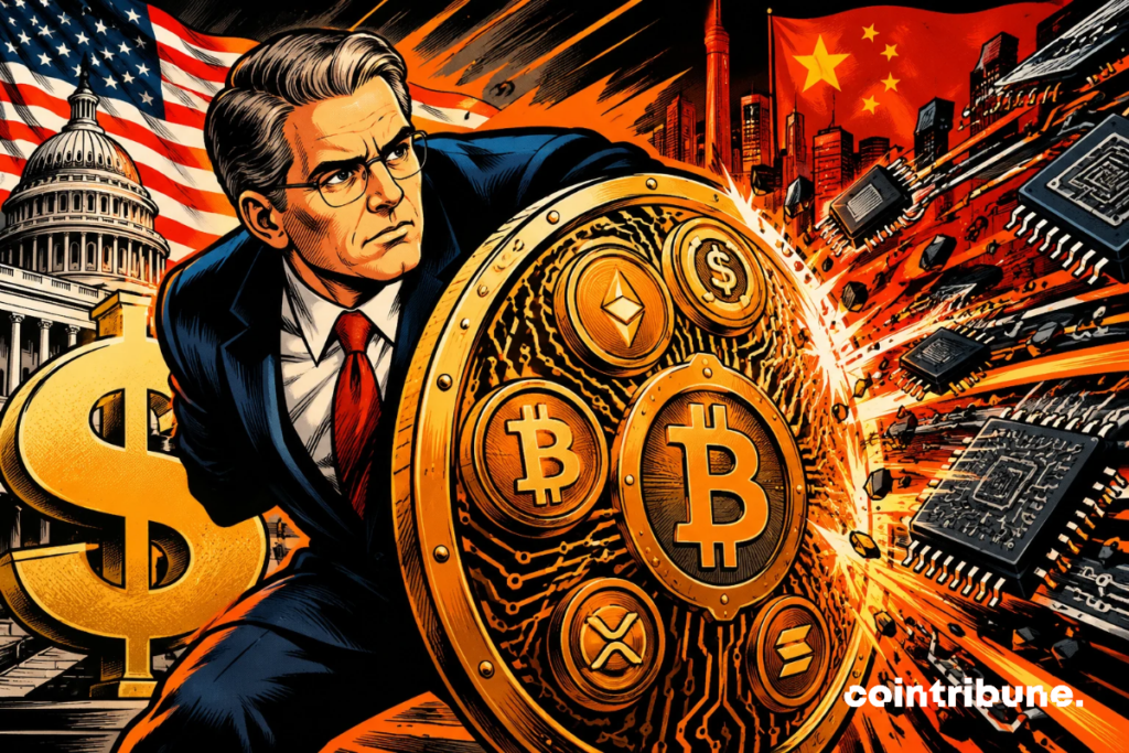 Scott Bessent protects a dollar symbol behind a crypto shield in the face of a Chinese semiconductor offensive, illustrating the technological rivalry between the United States and China.