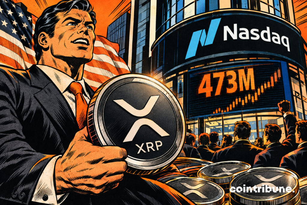A determined businessman holds up a giant XRP token in front of Nasdaq, surrounded by coins, American flag and ascending orange charts.