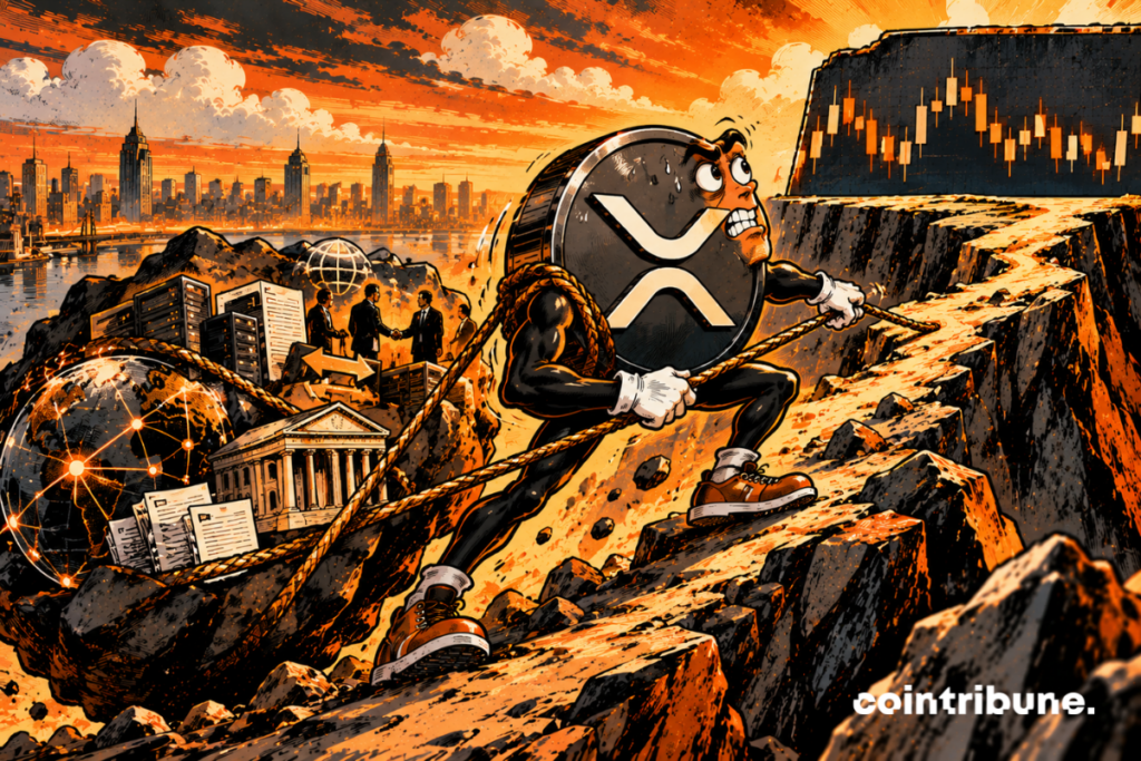 In the center, XRP is painfully climbing a mountain. His posture, his tense face and the sweat show that the asset is trying to move forward, but that the progress of the price remains difficult. It is not falling: it continues to rise, which corresponds to the “not yet” of the title rather than a frankly bearish scenario. The gigantic rock pulled behind XRP represents network developments. We see servers, international connections, institutions and actors shaking hands: these are visual metaphors for infrastructure, adoption, partnerships and network activity. The rock is deliberately massive to show that the fundamentals are progressing strongly.